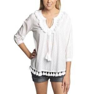 Roller Rabbit Hafsa Top – White Cotton Tassel Blouse – Size Medium